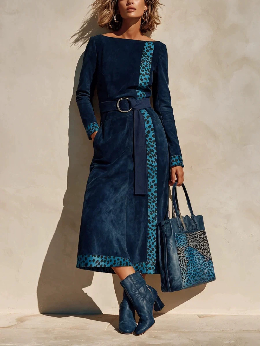 ZARA Off Shoulder Navy Suede Leopard Midi Dress